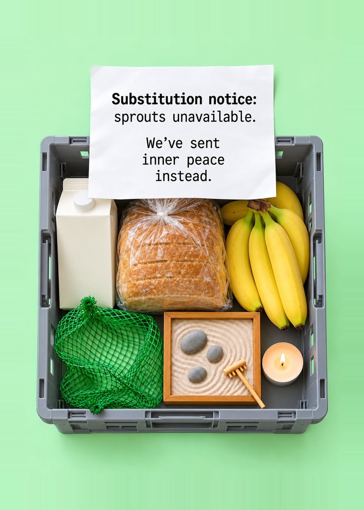 Funny Christmas card showing a photoreal supermarket delivery crate with milk, bread, bananas, a zen garden, by Gigglz