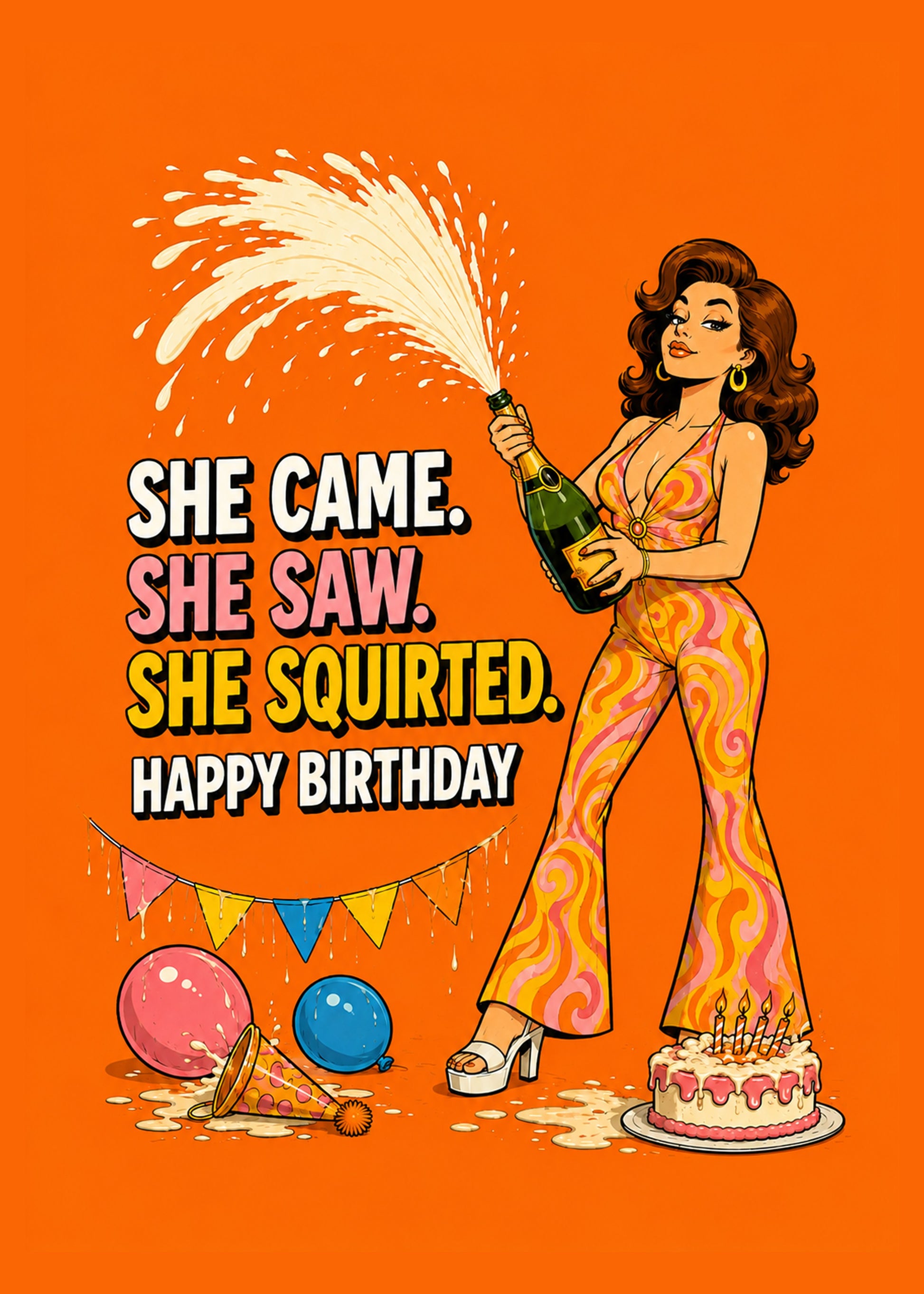 Funny birthday card showing a retro pin-up woman spraying a bottle of fizz over a birthday cake, by Gigglz