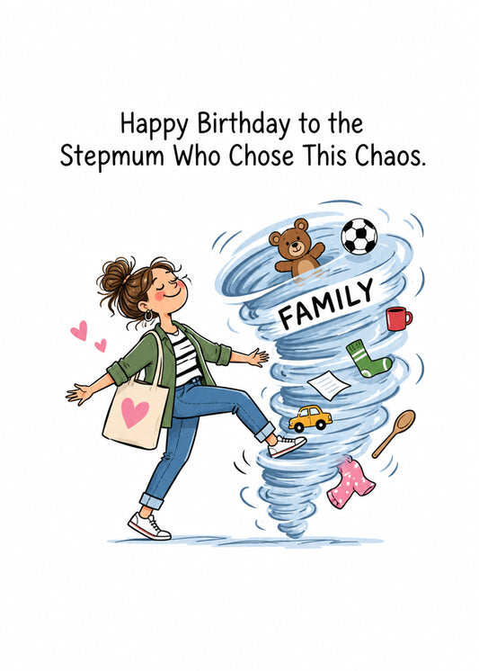 Funny birthday card showing a smiling woman dancing beside a whirlwind labelled 'family' full of toys, socks, by Gigglz