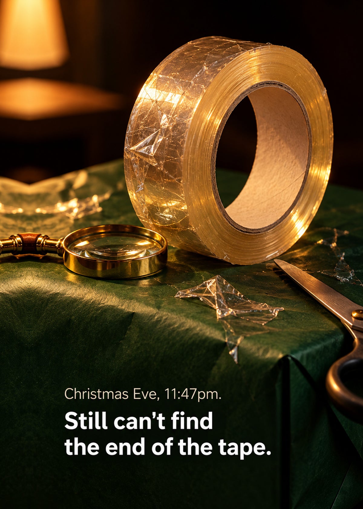 Funny Christmas card showing a moody close-up photo of a roll of sticky tape, a magnifying glass and scissors, by Gigglz