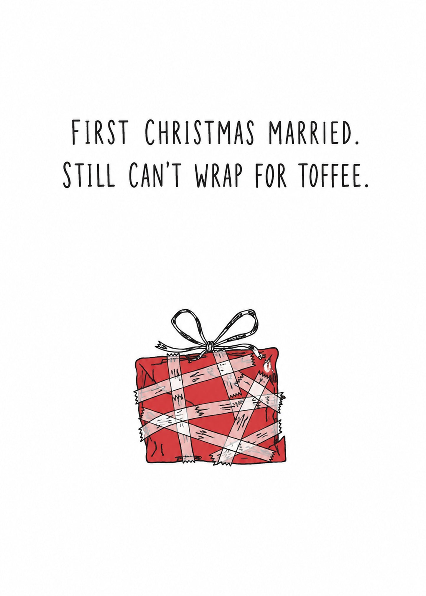 Funny Christmas card showing a red present hopelessly criss-crossed with sticky tape, by Gigglz