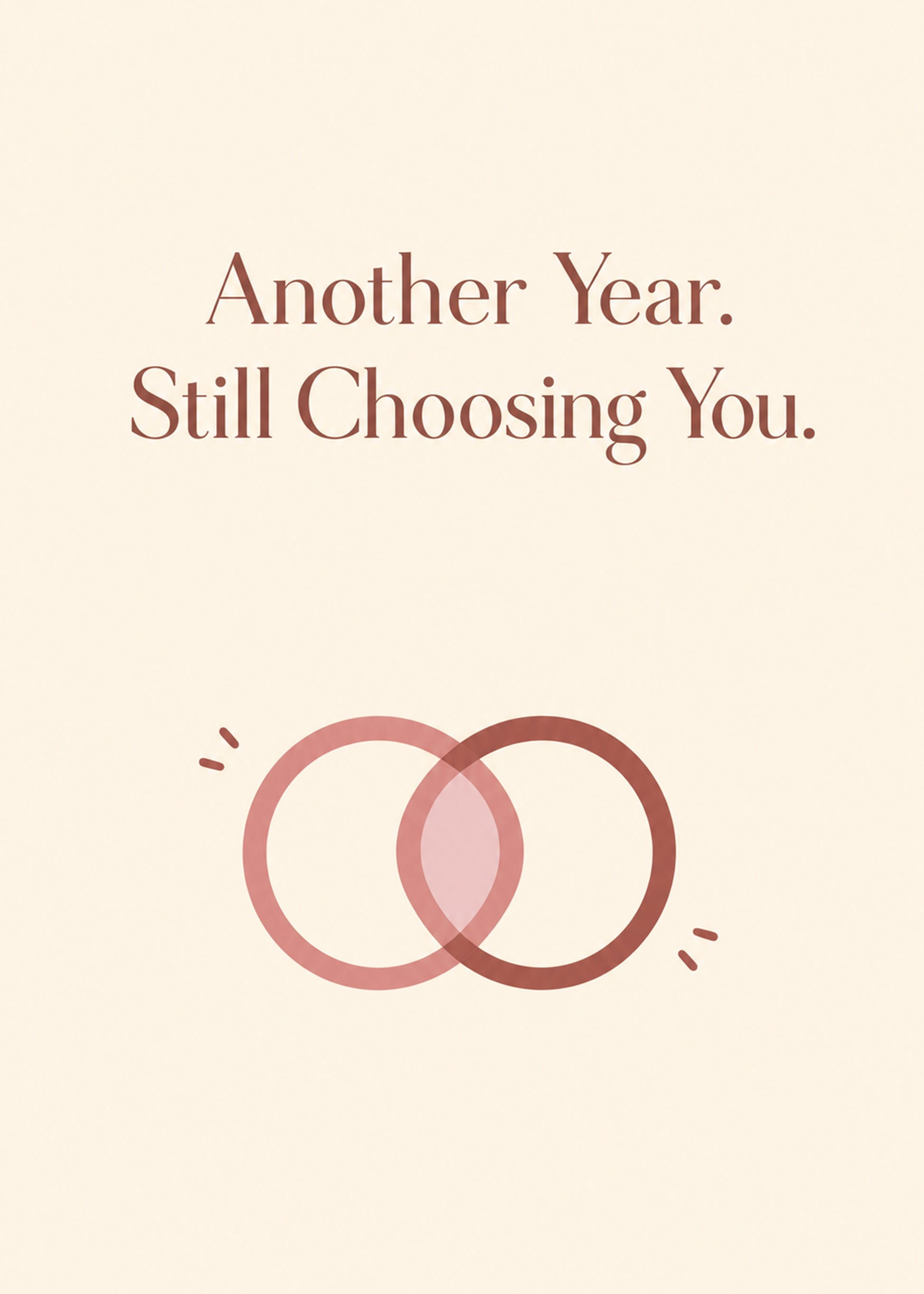 Heartwarming anniversary card showing two overlapping rings in pink and terracotta, with Another Year text, by Gigglz