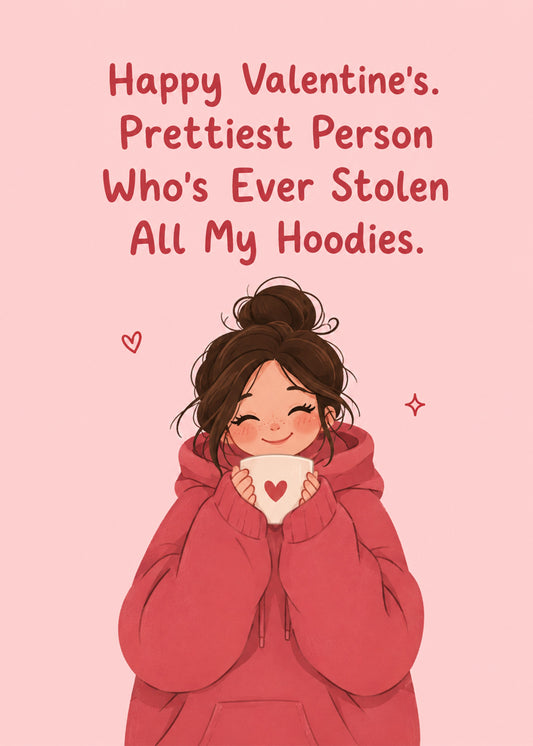 Funny Valentine's card showing a cosy hoodie with a heart, by Gigglz