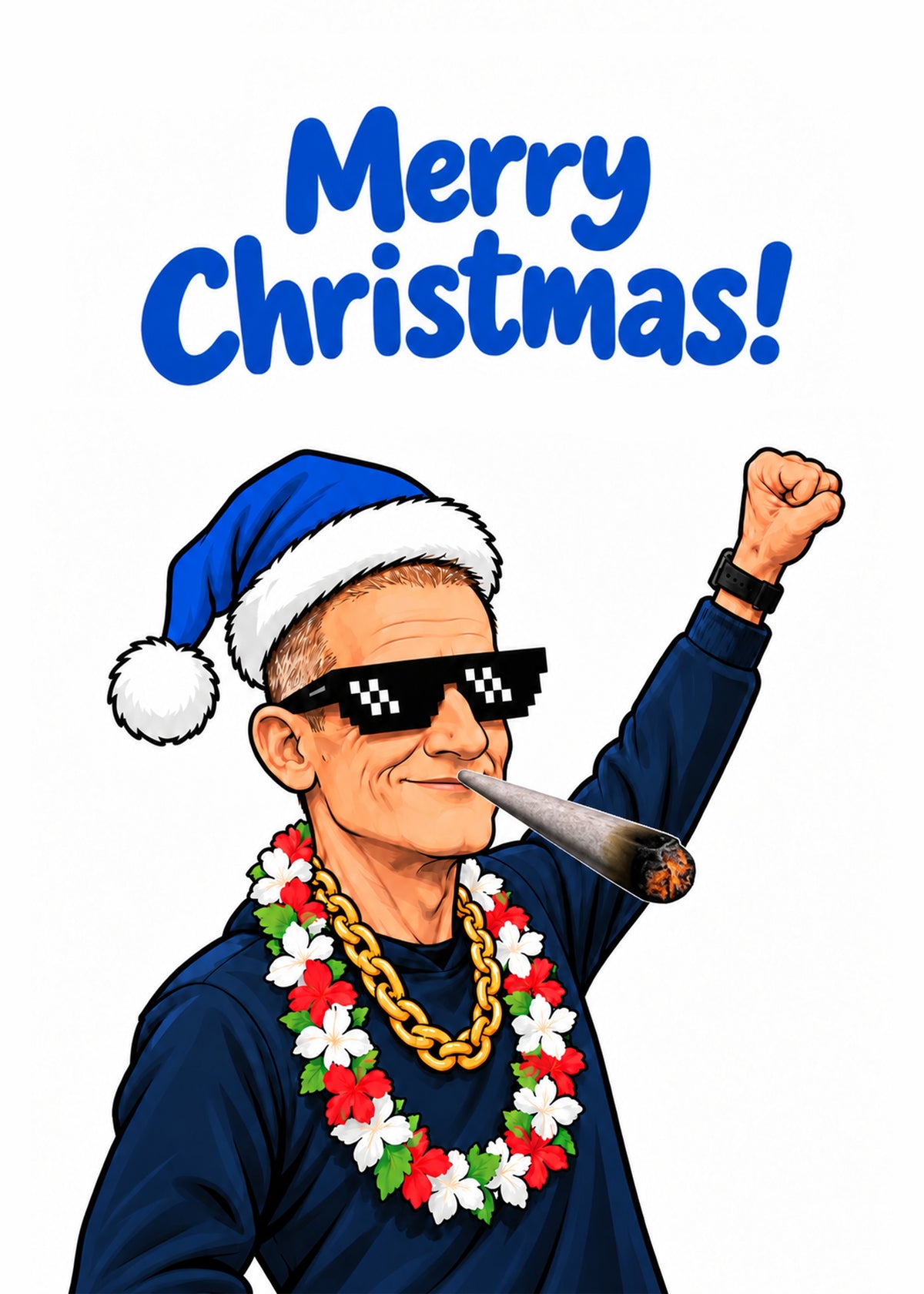 Funny Christmas card showing a caricature of a grinning man in a blue Santa hat, pixel 'deal with it' sunglasses, by Gigglz
