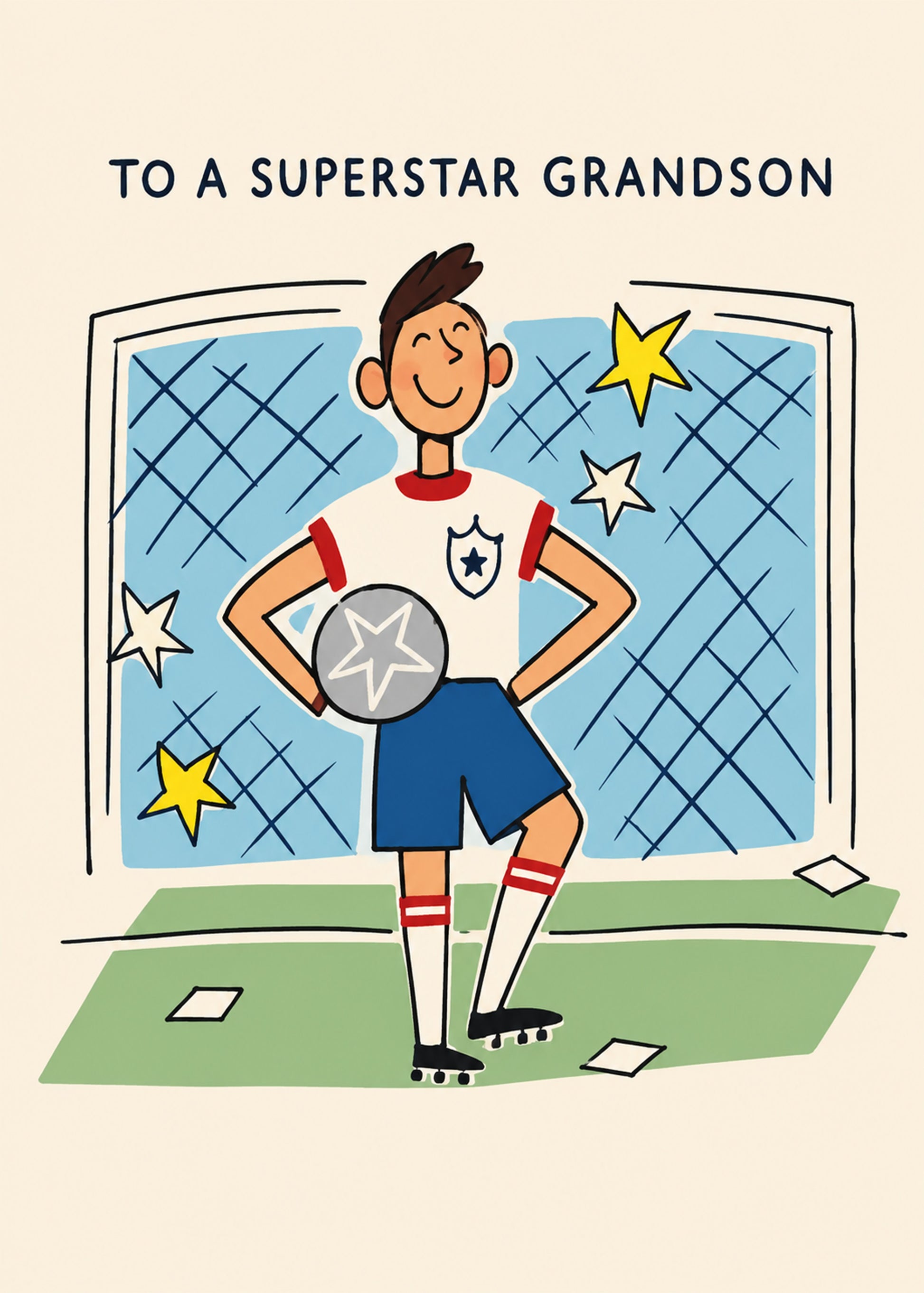 Bright birthday card showing a smiling young footballer standing in front of a goal with a ball and stars, by Gigglz