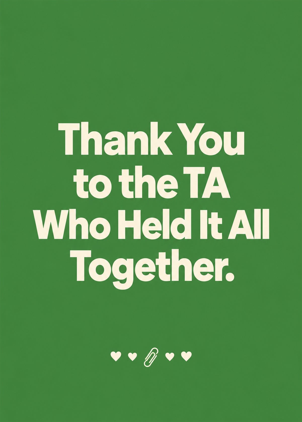 Heartfelt thank you card showing warm type with small hearts and a paperclip on green, by Gigglz