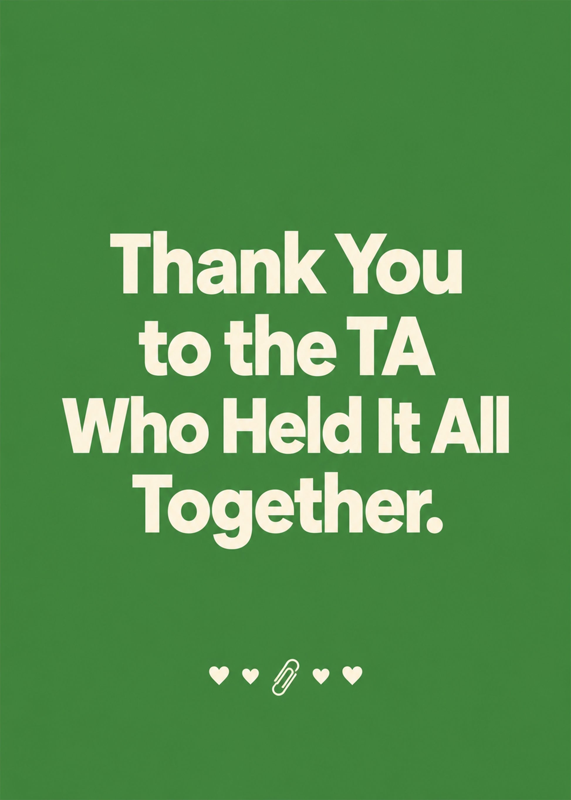 Heartfelt thank you card showing warm type with small hearts and a paperclip on green, by Gigglz