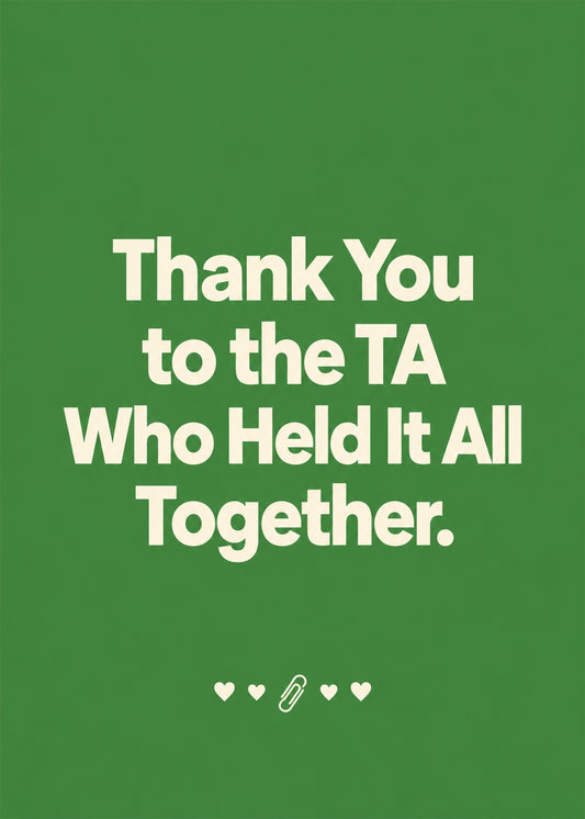 Heartfelt thank you card showing warm type with small hearts and a paperclip on green, by Gigglz
