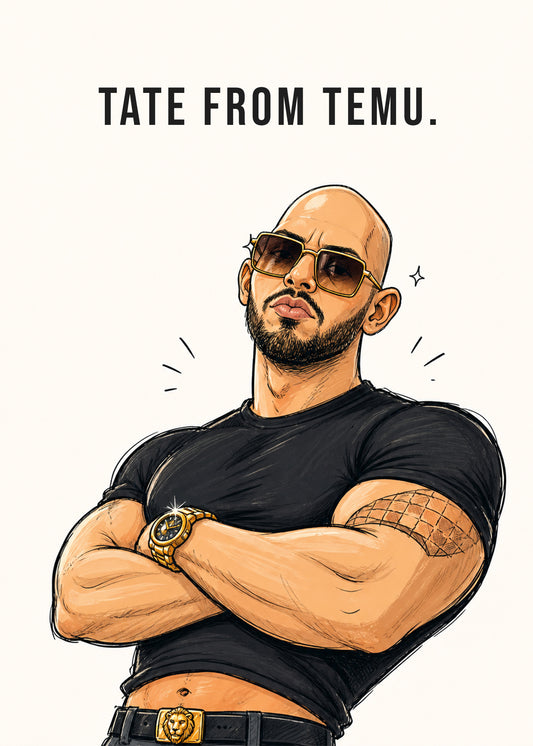 Tate from Temu funny meme card with a smug man illustration and the caption “Tate from Temu.”