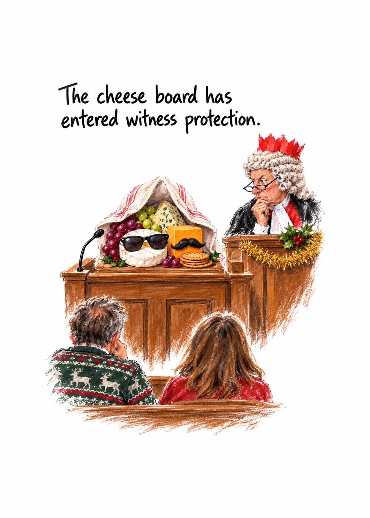 Funny Christmas card showing a hand-drawn courtroom where a cheese board in sunglasses and a moustache hides under, by Gigglz