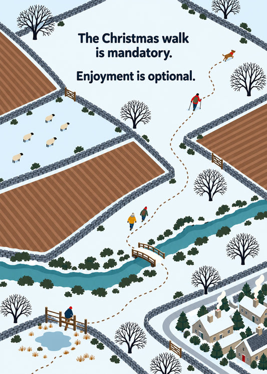 Funny Christmas card showing an isometric snowy countryside map of fields, dry-stone walls and a village, by Gigglz
