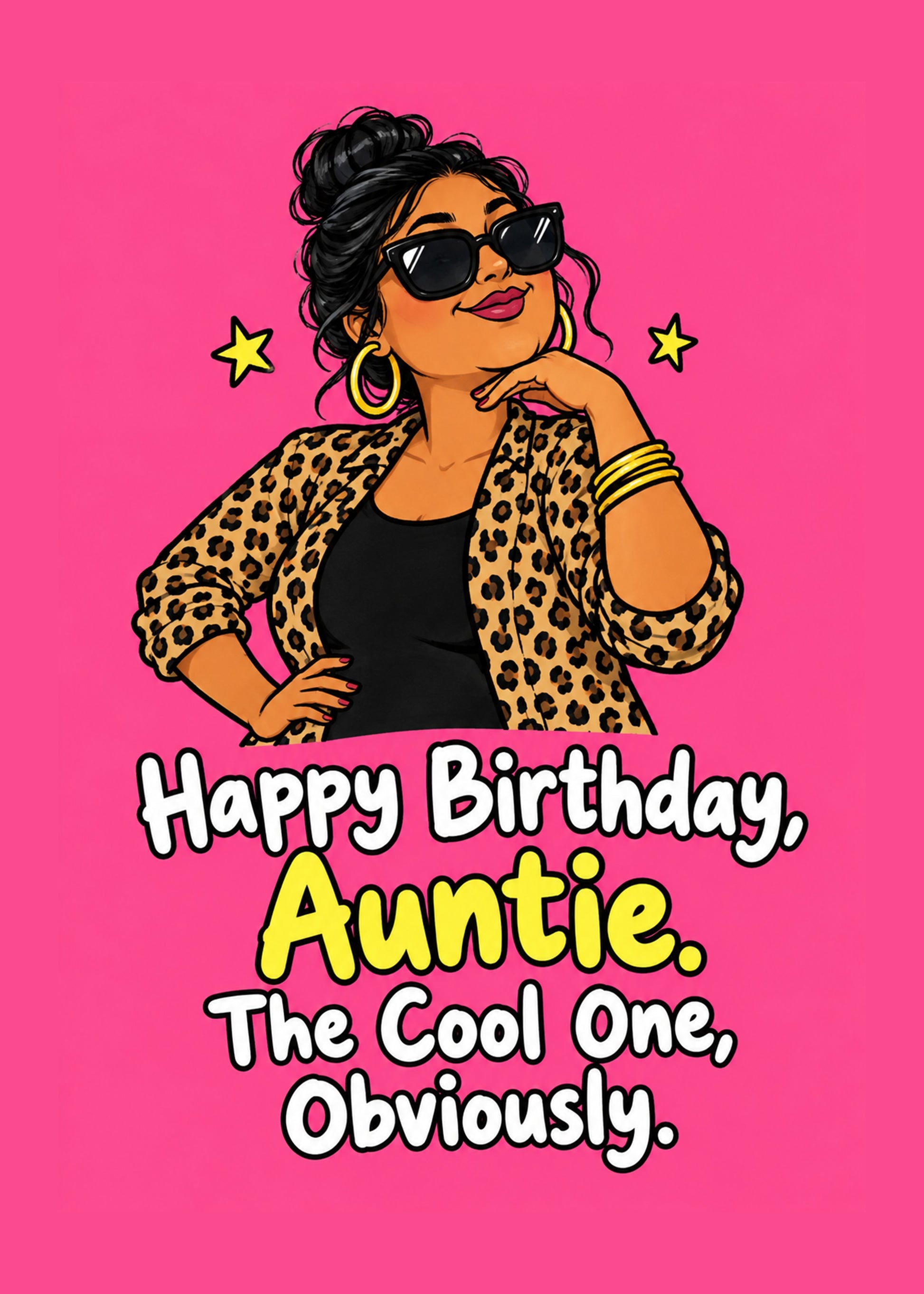 Funny birthday card showing a stylish auntie in sunglasses and leopard print, with The Cool One text, by Gigglz