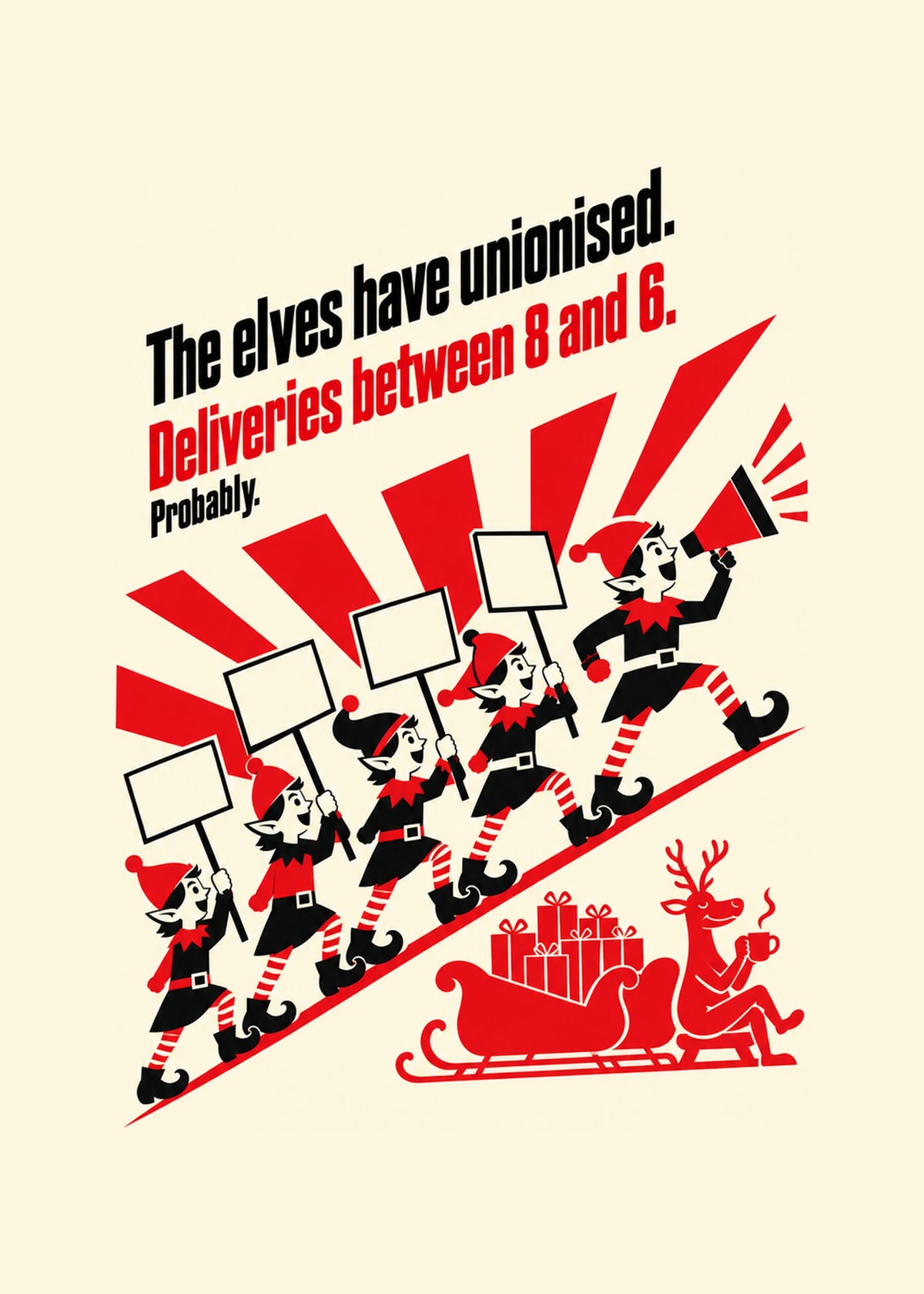 Funny Christmas card showing a constructivist-style red and black poster of marching elves with placards while, by Gigglz