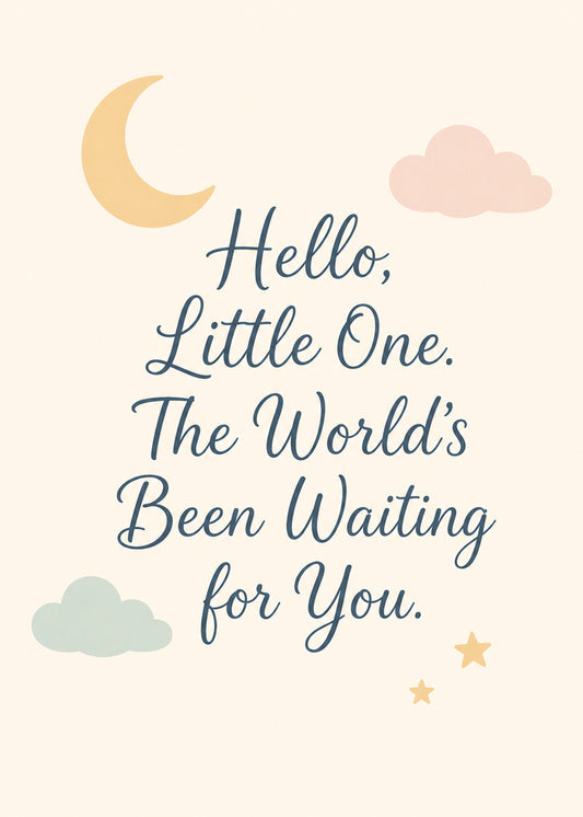 Cute new baby card showing a crescent moon and soft clouds with a star, with The World's Been Waiting for You text, by Gigglz