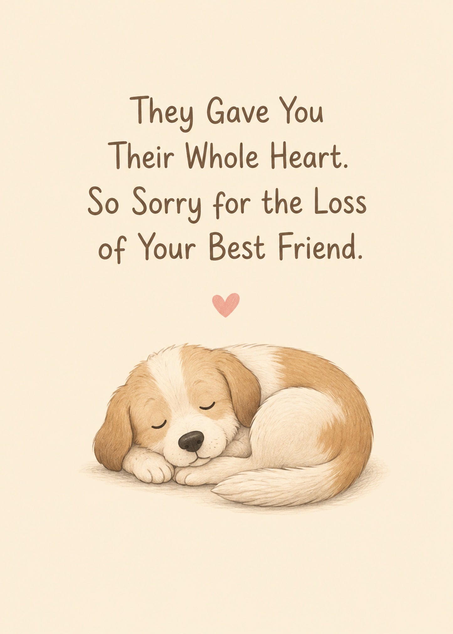 Heartfelt sympathy card showing a peacefully sleeping dog with a small heart, by Gigglz