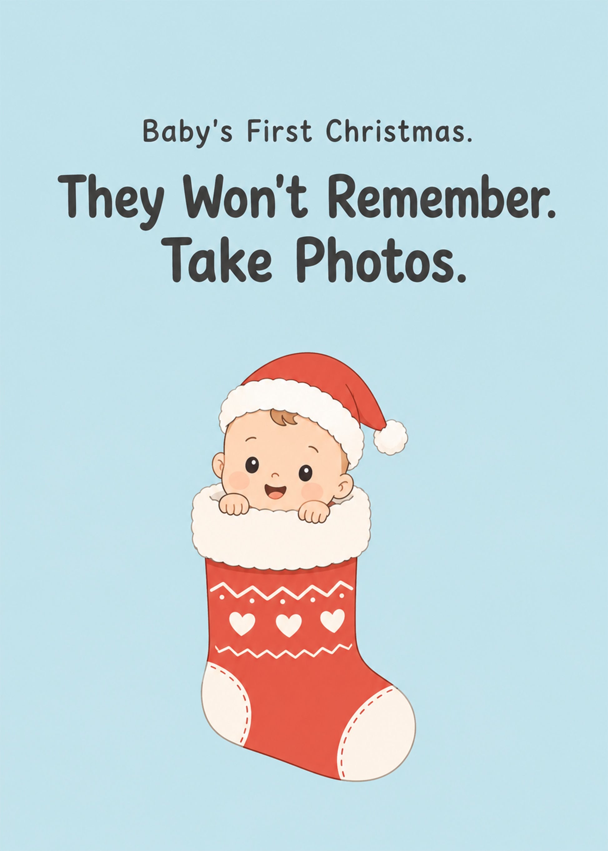 Funny Christmas card showing a smiling baby in a Santa hat peeking out of a red stocking, by Gigglz