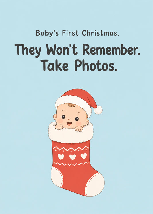 Funny Christmas card showing a smiling baby in a Santa hat peeking out of a red stocking, by Gigglz
