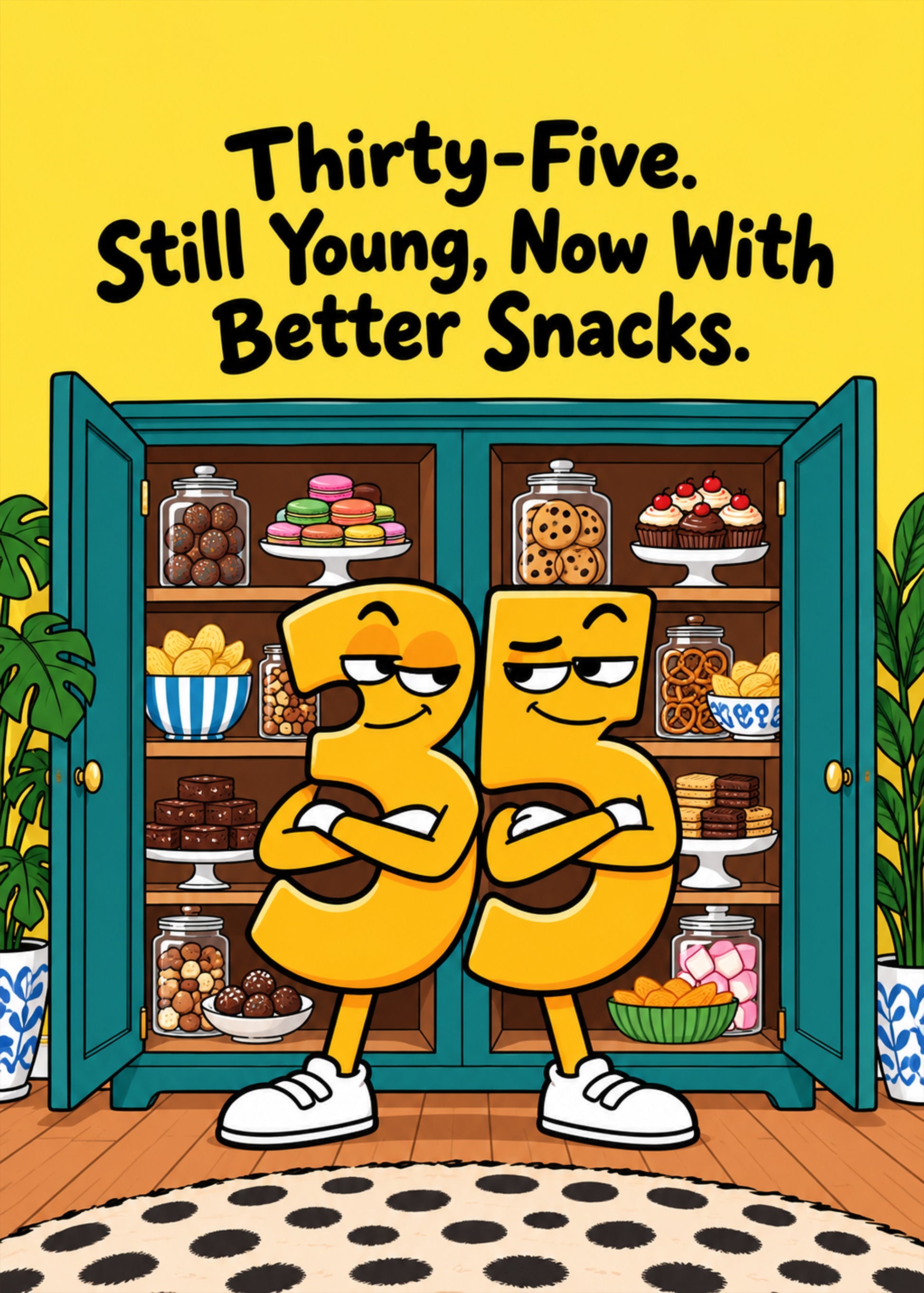 Funny birthday card showing two 3 and 5 number characters in front of a snack-filled cupboard, by Gigglz