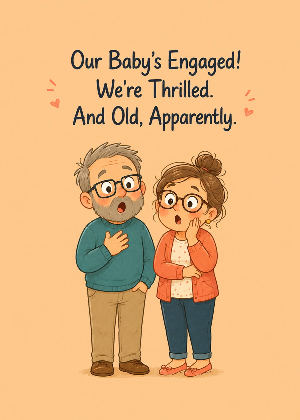 Funny engagement card showing two proud, slightly stunned parents, with Thrilled text, by Gigglz