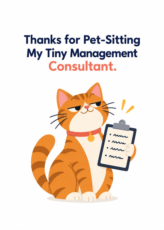 Funny thank you card showing a smug ginger tabby cat holding a clipboard on a white ground, by Gigglz