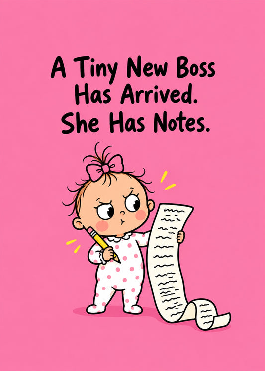 Funny new baby card showing a baby girl in a pink bow and polka-dot sleepsuit scrutinising a long scroll of notes, by Gigglz