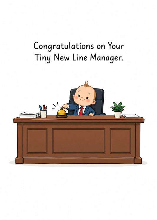 Funny new baby card showing a baby in a suit and tie ringing a bell behind an enormous executive desk on a white, by Gigglz