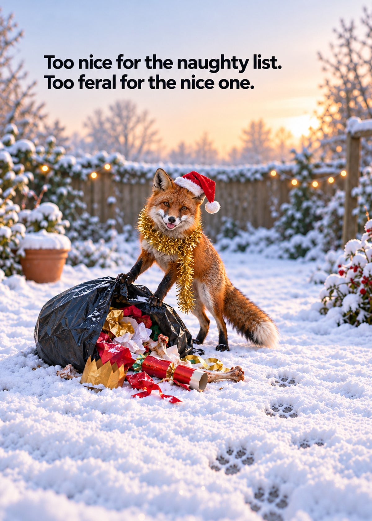 Funny Christmas card showing a photoreal fox in a Santa hat and tinsel raiding a bin bag of Christmas leftovers, by Gigglz
