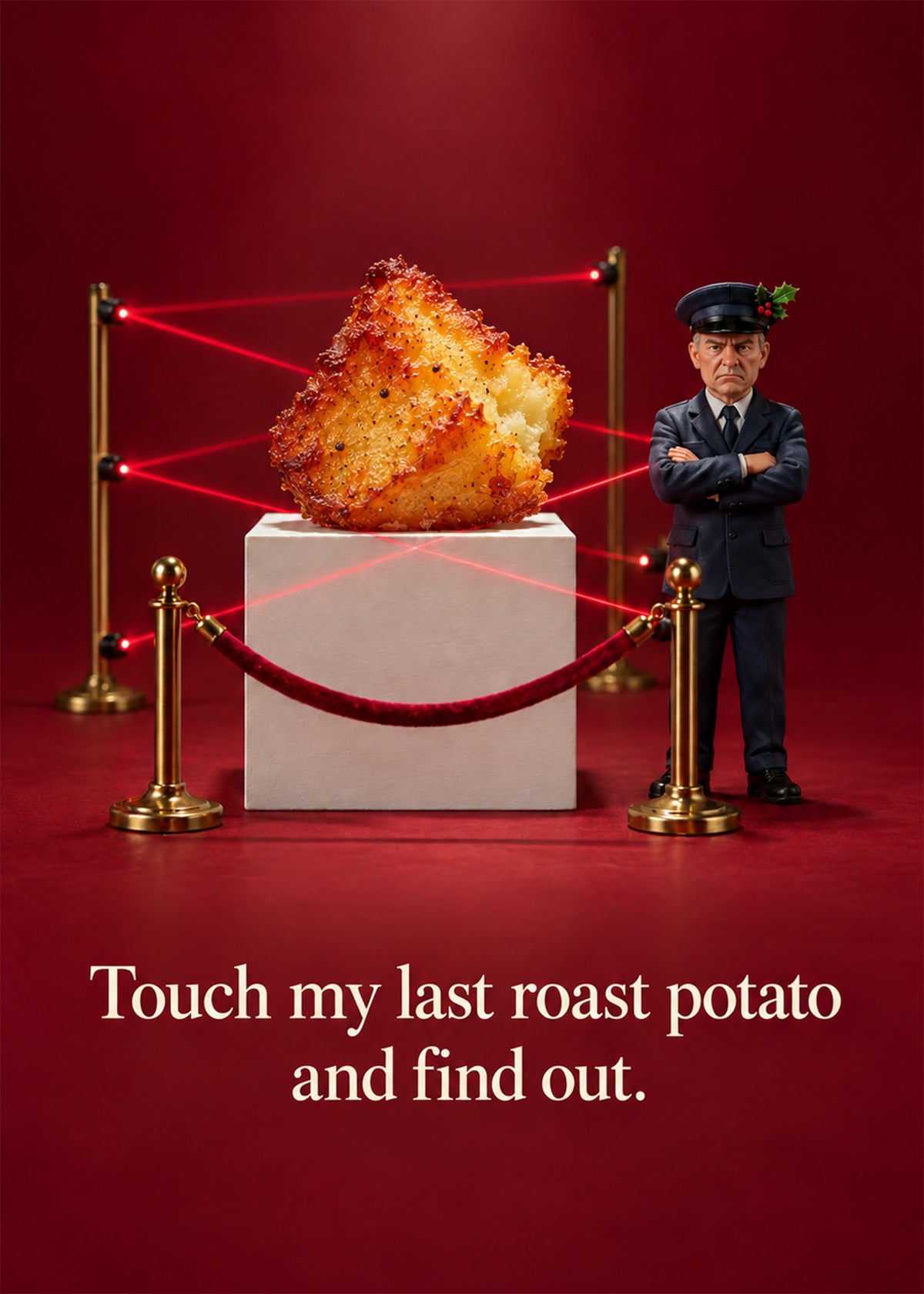 Funny Christmas card showing a photoreal roast potato on a plinth guarded by red laser beams, a velvet rope, by Gigglz