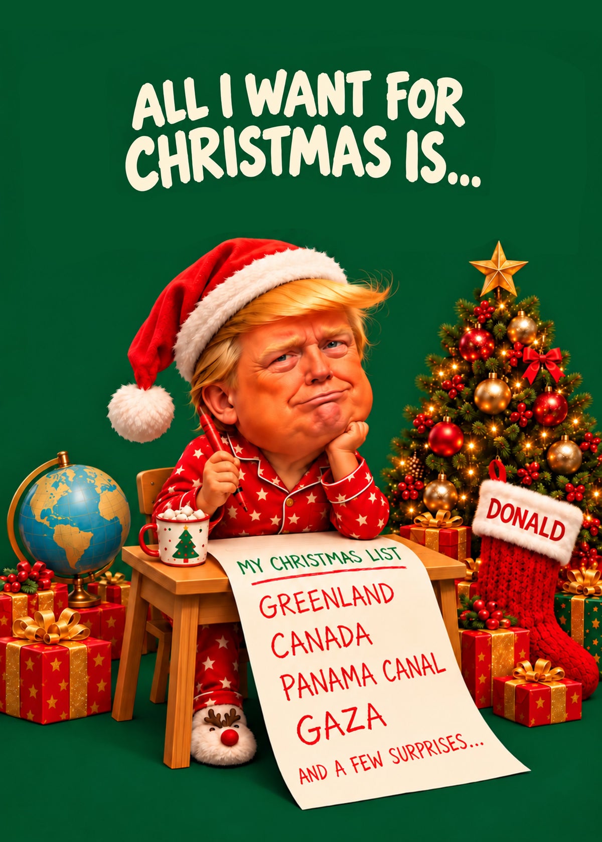 Funny Christmas card showing a photoreal caricature of a pouting orange-haired man in a Santa hat and red pyjamas, by Gigglz