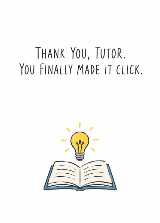 Cute thank you card showing an open book with a glowing lightbulb, with You Finally Made It Click text, by Gigglz