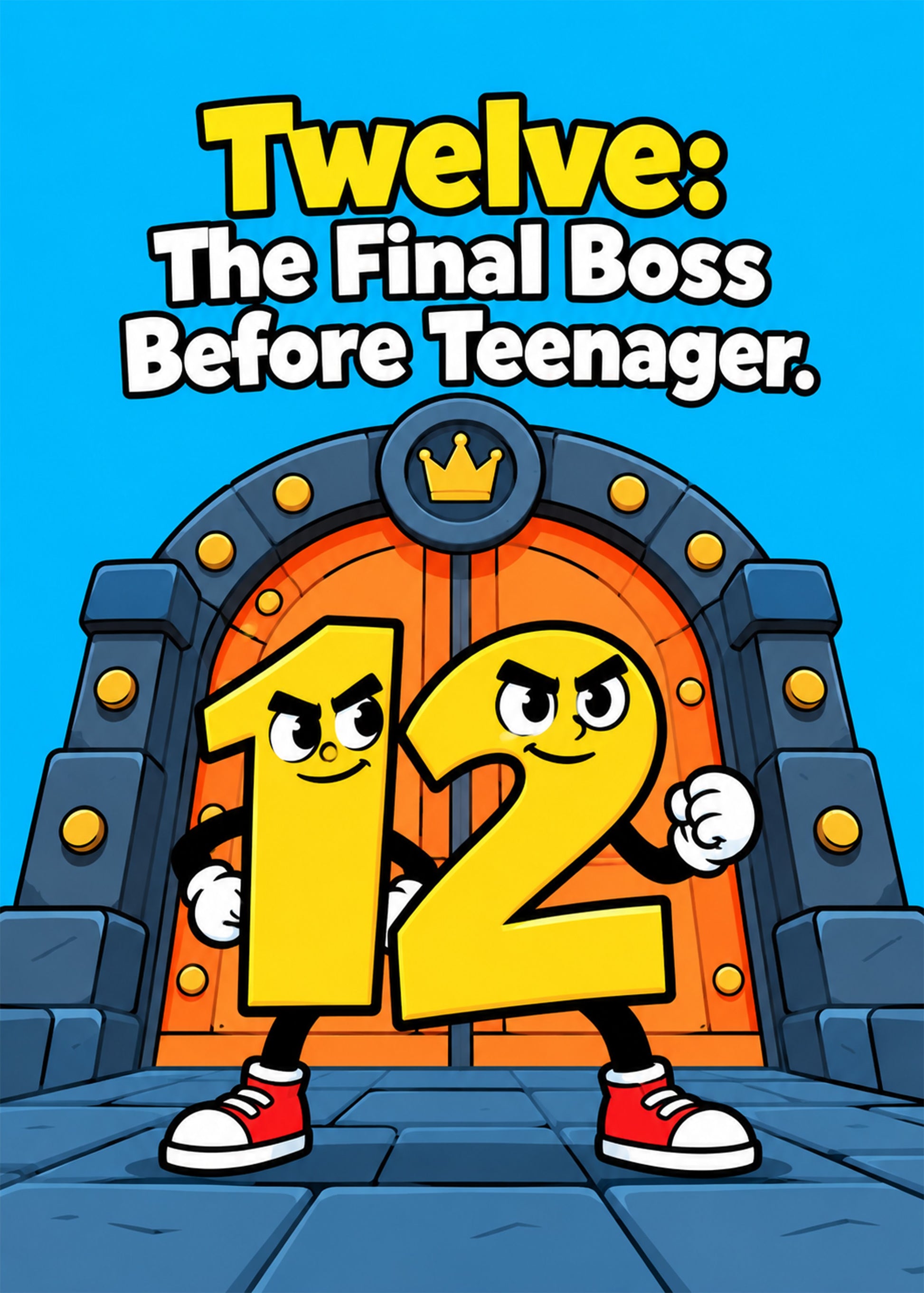 Funny birthday card showing a 12 number character guarding a castle door, with The Final Boss Before Teenager text, by Gigglz