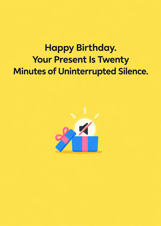 Funny birthday card showing an open gift box glowing with a muted-speaker icon on a yellow ground, by Gigglz