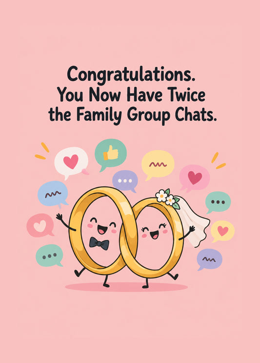 Funny wedding card showing two cartoon wedding rings in a bow tie and veil surrounded by chat bubbles on a pink, by Gigglz