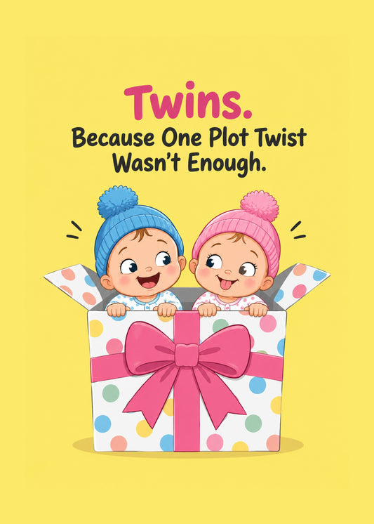 Funny new baby card showing two giggling babies in blue and pink bobble hats popping out of a polka-dot gift box, by Gigglz