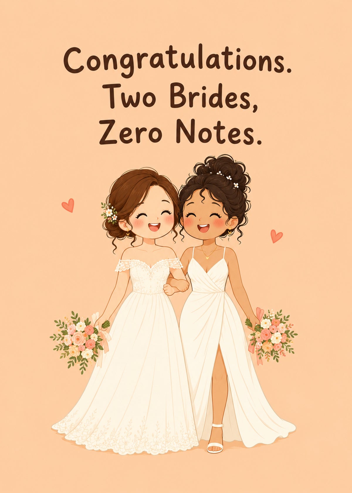 Funny wedding card showing two happy brides in white with little hearts, with Two Brides text, by Gigglz