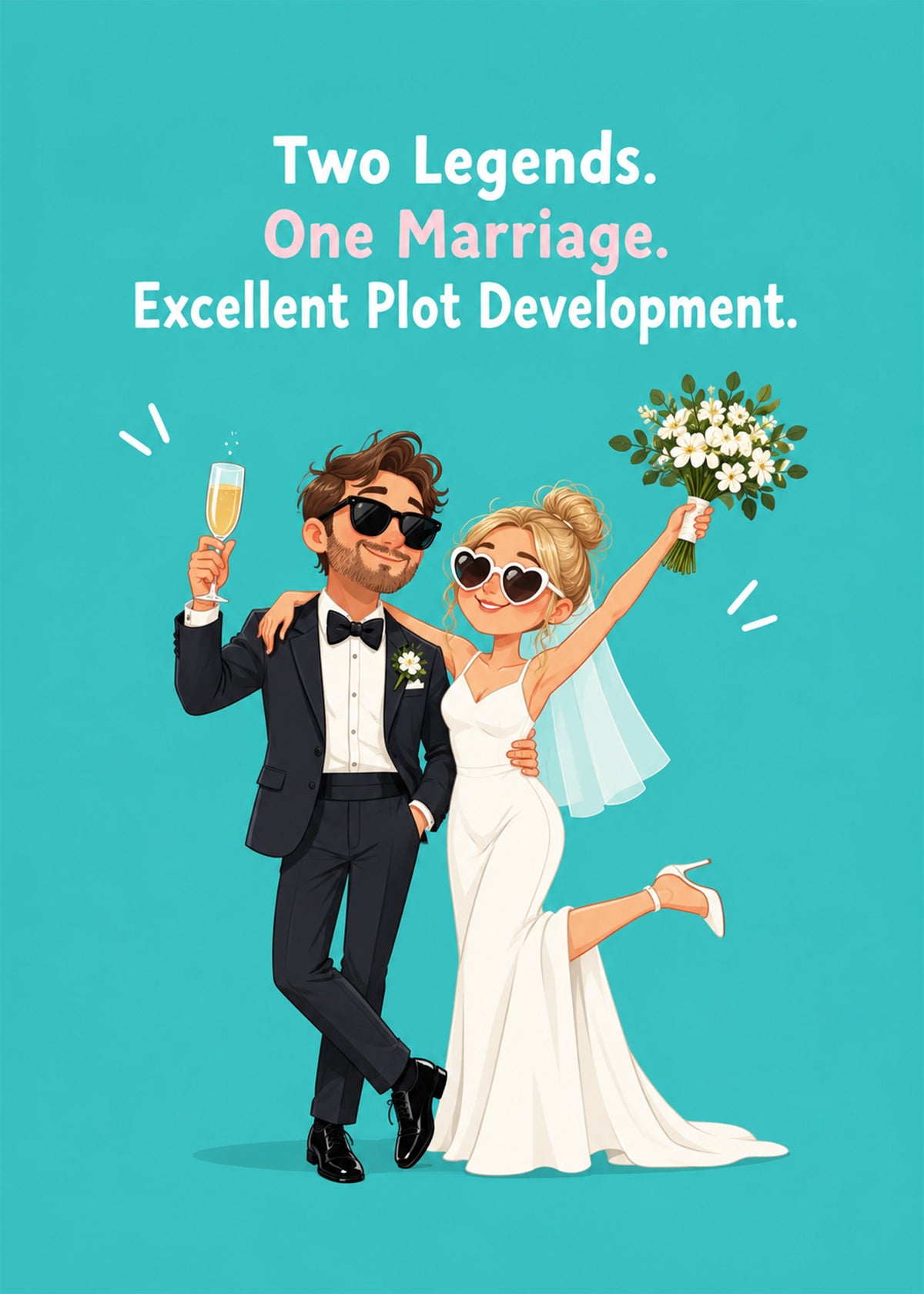 Funny wedding card showing a glamorous newlywed couple in sunglasses toasting with champagne and a bouquet, by Gigglz