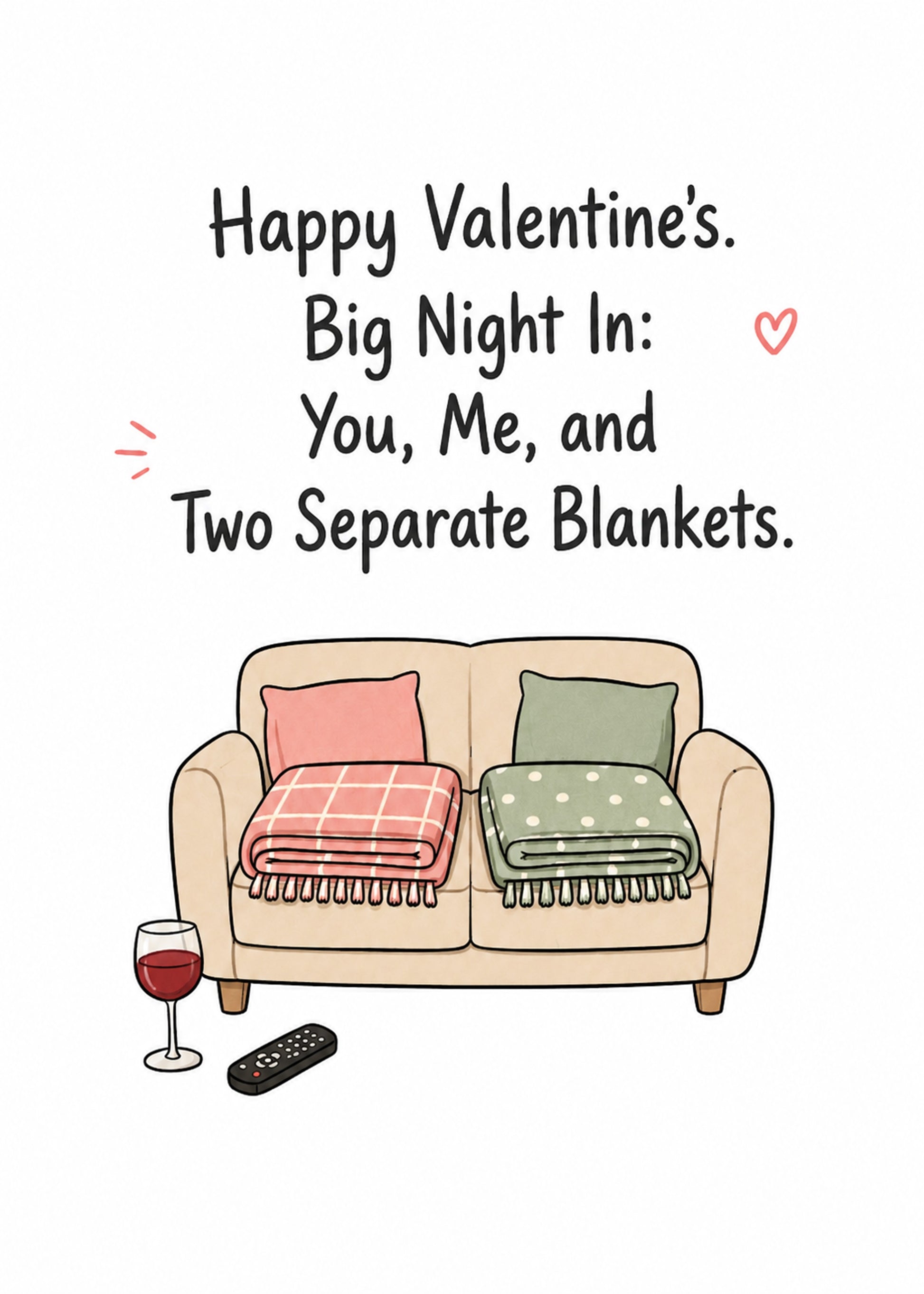 Funny Valentine's card showing two people under two separate blankets on a sofa, with You text, by Gigglz