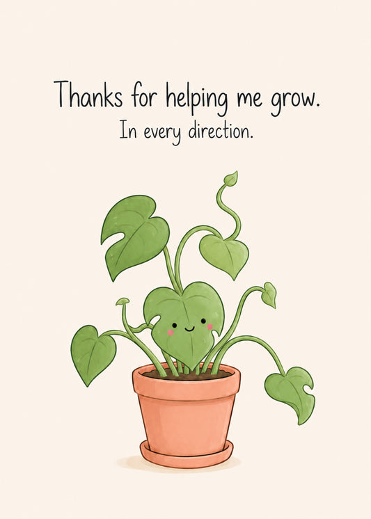 Cute teacher thank you card with plant saying thanks for helping me grow by Gigglz