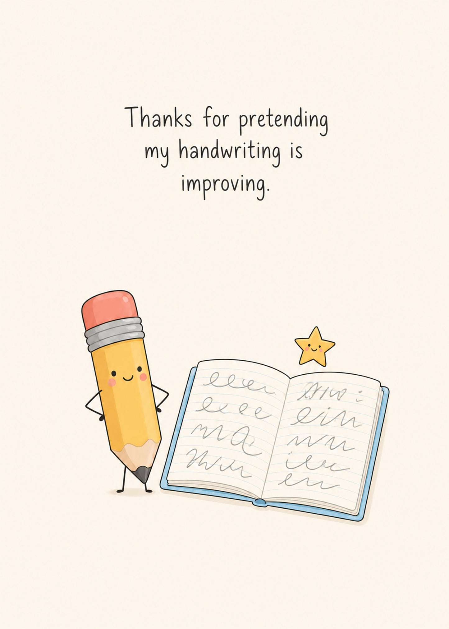 Funny teacher thank you card with pencil and handwriting book by Gigglz