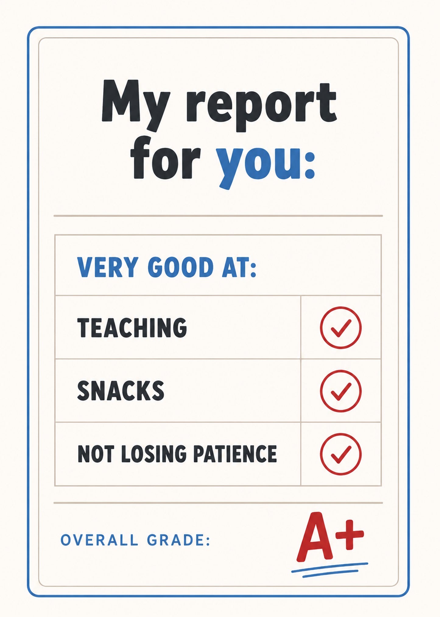 Funny teacher thank you report card design with A plus grade by Gigglz