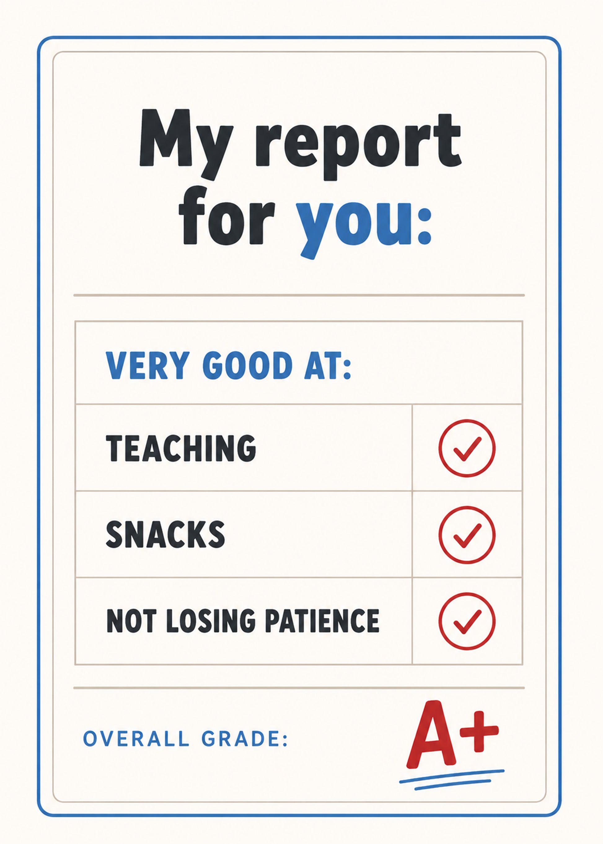 Funny teacher thank you report card design with A plus grade by Gigglz
