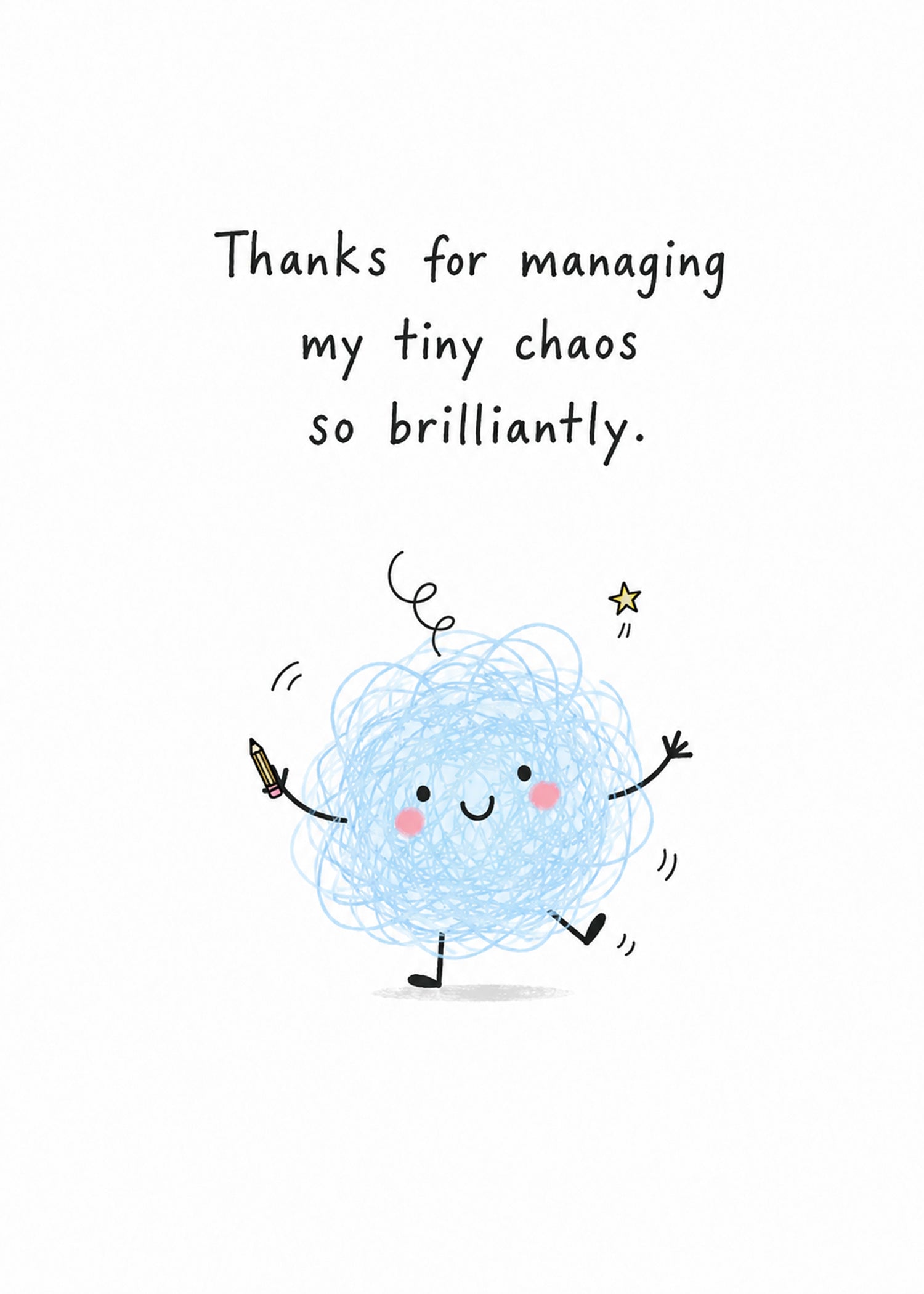 Funny teacher thank you card with tiny chaos scribble character by Gigglz