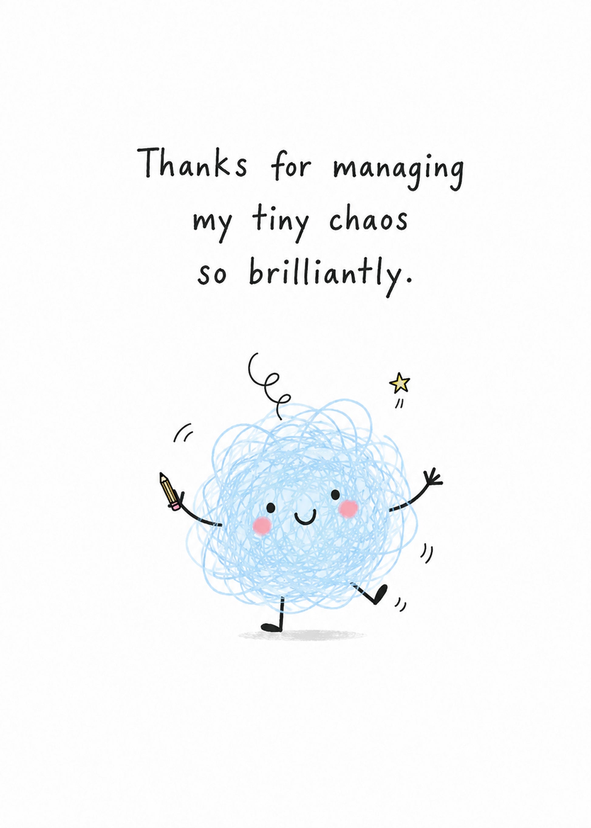 Funny teacher thank you card with tiny chaos scribble character by Gigglz