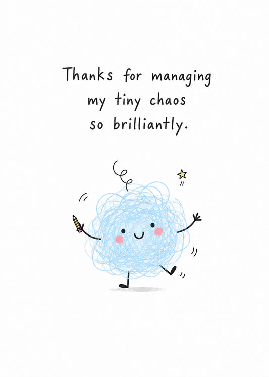 Funny teacher thank you card with tiny chaos scribble character by Gigglz