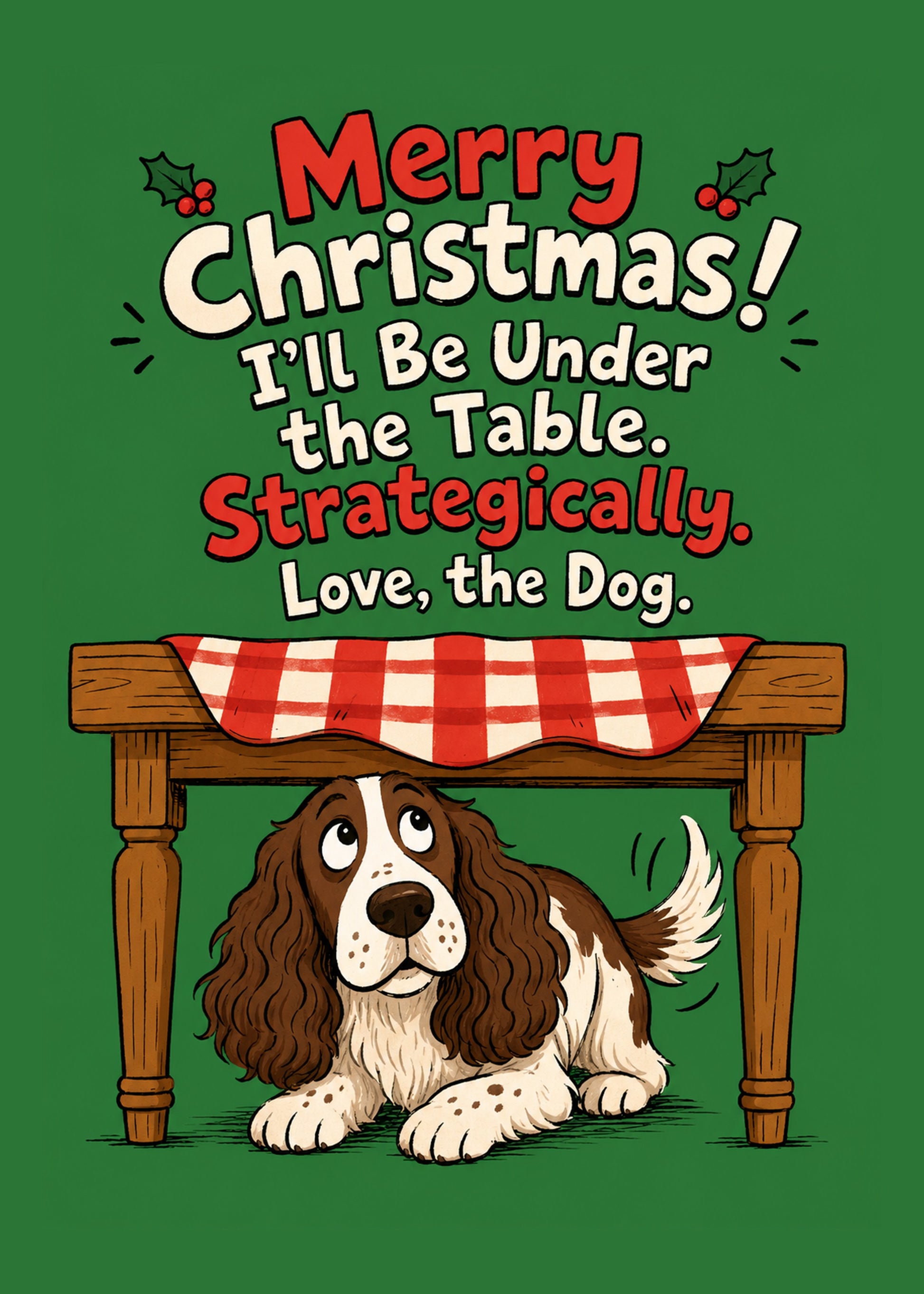 Funny Christmas card showing a hopeful springer spaniel waiting under the Christmas dinner table, by Gigglz