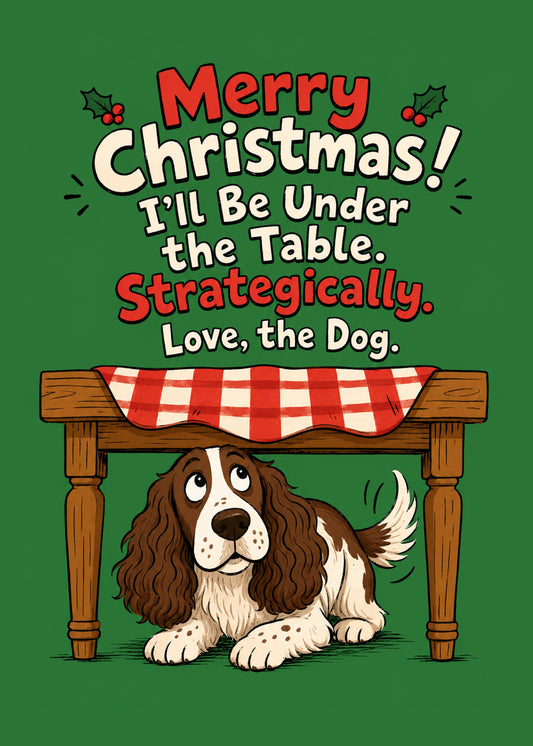 Funny Christmas card showing a hopeful springer spaniel waiting under the Christmas dinner table, by Gigglz
