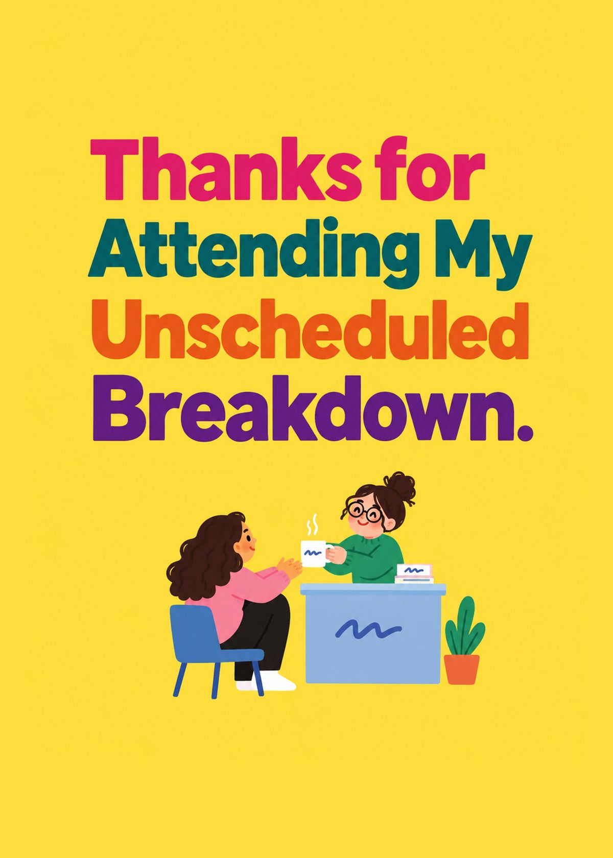 Funny thank you card showing bold pink, teal, orange and purple lettering above two colleagues sharing a cup, by Gigglz