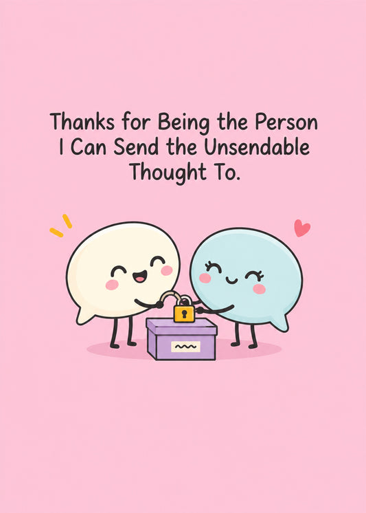 Cute thank you card showing two smiling speech bubbles locking a secret into a small purple box on a pale pink, by Gigglz