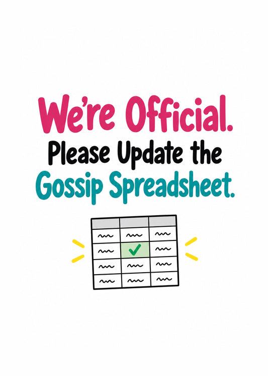 Funny friendship card showing bold pink, black and teal lettering above a spreadsheet with one ticked cell, by Gigglz