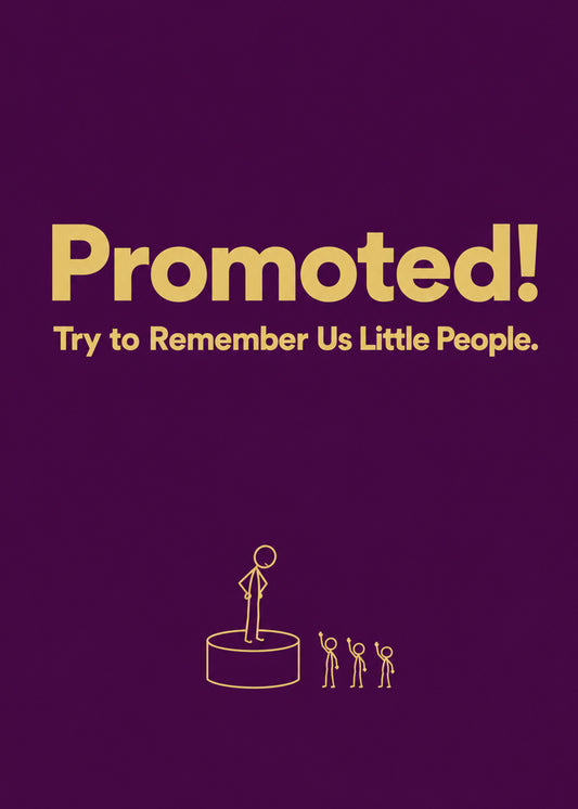 Funny congratulations card showing bold type with a figure on a podium above three cheering stick figures, by Gigglz
